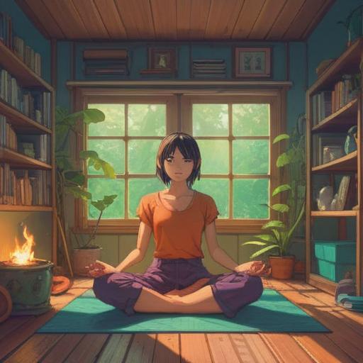 A serene and calming scene, a cozy room filled with soft light, a person sitting cross-legged on a yoga mat, surrounded by nature sounds, musical notes gently floating in the air, a peaceful expression on their face, books about mindfulness stacked nearby, warm colors, tranquil atmosphere, evoking feelings of relaxation and emotional clarity, 4k