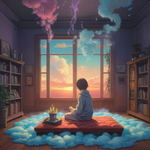 A calming scene depicting a person sitting in a serene room filled with soft lighting, essential oil diffuser emitting gentle clouds of aromatic mist, various colorful bottles of essential oils on a wooden shelf, cozy atmosphere with plants and cushions, an expression of relaxation on the person's face as they breathe in deeply, warm tones and soothing textures, 4k