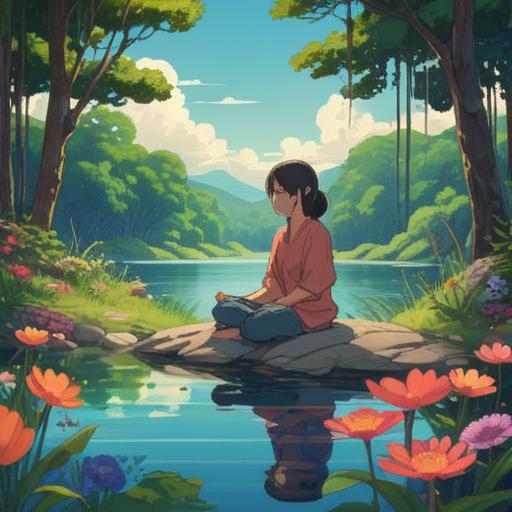 A serene illustration of a peaceful nature scene, featuring a person meditating by a calm lake, surrounded by vibrant greenery and colorful flowers, gentle sunlight filtering through the trees, a sense of tranquility and rejuvenation, clear blue sky, harmonious atmosphere, reflection in the water, 4k