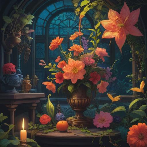 A vibrant still life composition of artificial flowers, symbolizing spirituality and transcendence, intricate details showcasing various types of flowers, ethereal lighting, serene atmosphere, gentle color palette, reflecting inner peace and harmony, 4k