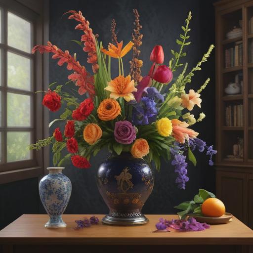 A vibrant still life featuring artificial flowers as a symbol of good fortune, arranged elegantly in a decorative vase, bright colors, harmonious composition, soft natural lighting, elements of luck such as coins and lucky charms integrated into the scene, inviting atmosphere, detailed textures, 4k