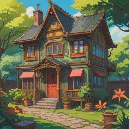 A bright and cheerful illustration depicting a charming house with an impressive new extension, symbols of good luck such as a horseshoe and four-leaf clovers surrounding it, a clear blue sky in the background, vibrant flowers in the garden, a happy family enjoying their new space, warm sunlight shining down, inviting atmosphere, 4k