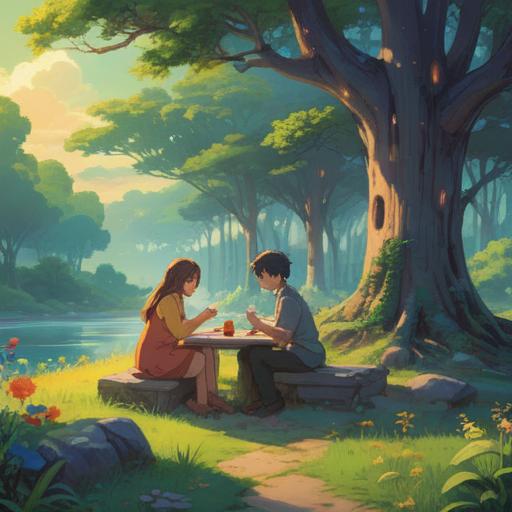 A serene landscape depicting a harmonious gathering, diverse people engaged in discussion, sharing ideas, comforting nature surrounding them, gentle sunlight filtering through trees, a sense of connection and collaboration, warm and inviting atmosphere, vibrant colors, clear blue sky, detailed expressions on faces, 4k