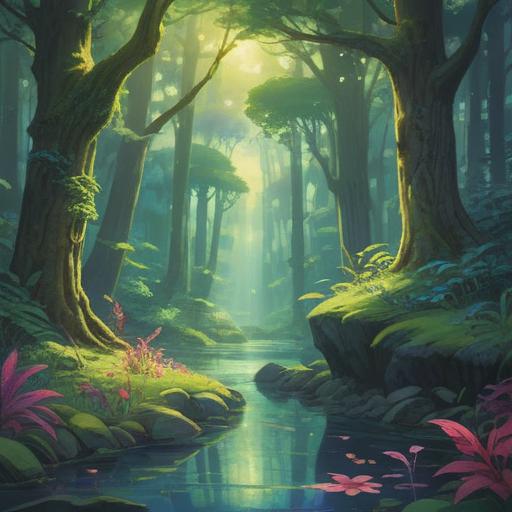 A serene forest scene, gentle sunlight filtering through the trees, birds singing harmoniously, a tranquil stream flowing, ethereal glow surrounding peaceful creatures, spiritual symbols lightly appearing in the air, calm and reflective atmosphere, nature's whisper conveying messages, 4k