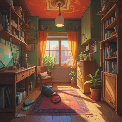 A whimsical illustration of an apartment filled with cheerful, colorful lucky items, a moving box in the corner, sunlight streaming through the window, vibrant plants thriving on the windowsill, a serene atmosphere symbolizing positive change after noise and chaos, magical gleam around the lucky items, inviting space, 4k