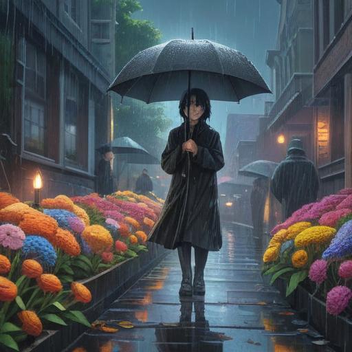 A spiritual scene depicting a funeral under a rain-soaked sky, somber yet reflective atmosphere, raindrops falling on fresh flowers, mourners gathered with umbrellas, symbolic connection to the afterlife, soft light filtering through dark clouds, serene expressions, nature's tears complementing human sorrow, 4k