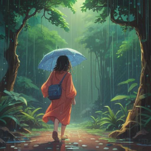 A spiritual scene depicting the beauty of rain as a positive omen, gentle raindrops falling on vibrant green leaves, a serene landscape bathed in soft light, mystical aura surrounding the environment, reflections in puddles symbolizing hope and renewal, calming atmosphere, ethereal colors, 4k