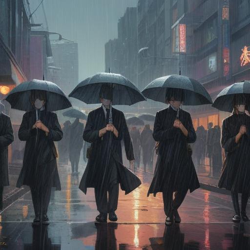 A somber funeral scene in the rain, people dressed in black attire, holding umbrellas, reflective expressions on their faces, drops of rain dancing on gravestones, an ethereal glow in the atmosphere, subtle spiritual symbols like feathers and light orbs, conveying a connection to the spiritual realm, tranquil yet poignant mood, 4k