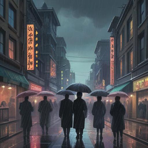 A serene scene of a rainy day funeral, dark clouds overhead, a gentle drizzle falling, mourners in elegant black attire, holding colorful lucky charms, soft light breaking through clouds, reflections on wet pavement, a somber yet hopeful atmosphere, symbolic items like four-leaf clovers and lucky coins, emotional expressions, 4k