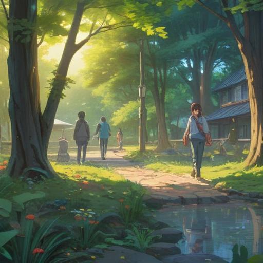 A serene and comforting scene depicting individuals engaged in reflective activities, gentle sunlight filtering through trees, a peaceful park setting, people writing in journals, sharing memories, holding hands, soft smiles, an atmosphere of support and healing, 4k