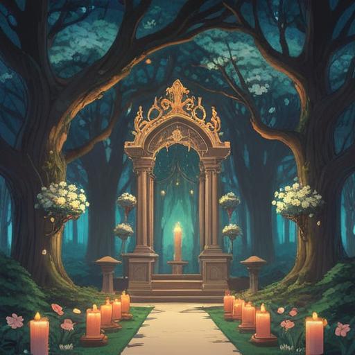 A surreal illustration of a dream featuring a funeral setting, ethereal light glowing through the trees, symbolic objects like white flowers and candles, a gentle spirit guiding the way, a serene and contemplative atmosphere, representing spiritual meanings and transitions, vivid imagery, dreamlike quality, calm and soothing colors