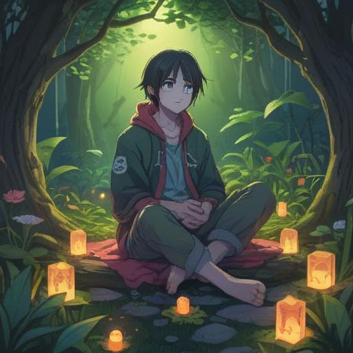A serene and contemplative scene, a person sitting cross-legged in a peaceful garden, surrounded by softly glowing dreamlike symbols, gentle breezes rustling leaves, a clear night sky filled with stars, ethereal light illuminating their face, representing inner clarity and emotional understanding, calming colors, meditative atmosphere, dream interpretation, 4k