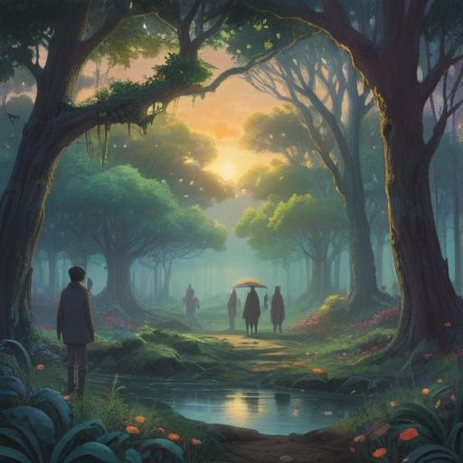 A serene and reflective scene depicting a peaceful gathering after a funeral, soft light filtering through trees, gentle expressions on the faces of mourners, symbols of rebirth like blooming flowers and doves, a sense of hope and connection to the spirit world, tranquil atmosphere, subtle colors blending harmoniously, 4k