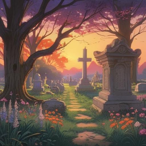 A serene and contemplative scene depicting a gentle sunset, soft golden light filtering through trees, a peaceful cemetery with flowers placed on gravestones, ethereal spirits appearing as glowing orbs, subtle whispers in the air, a calming atmosphere, a sense of connection between the living and the departed, symbolizing spiritual signs after a funeral, 4k