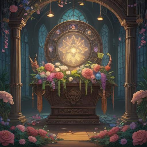 A serene and hopeful scene depicting a lucky item after a funeral, a beautifully adorned talisman placed among flowers, soft light filtering through trees, symbols of renewal and change, a gentle breeze rustling leaves, an atmosphere of peace and reflection, 4k