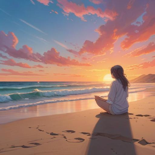 A serene landscape depicting a tranquil sunset, gentle waves lapping at the shore, a person meditating on the beach, soft pastel colors illuminating the sky, symbols of new beginnings like blooming flowers, a sense of peace and renewal, inviting atmosphere, harmonious elements, 4k