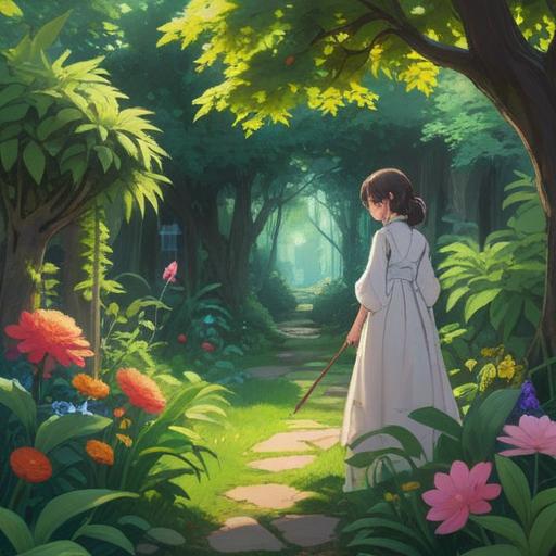 A serene and peaceful scene of a person engaged in weeding a garden, lush greenery surrounding them, soft sunlight filtering through the leaves, a sense of harmony with nature, symbolic elements representing spirituality such as glowing orbs or ethereal light, intricate details in the plants and soil, tranquil atmosphere, 4k