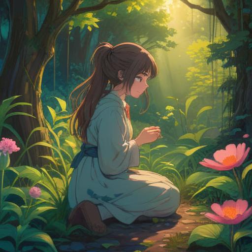 A serene and mystical landscape, a person kneeling in a lush garden, gently pulling weeds, surrounded by glowing symbols and ethereal light, vibrant greenery, hints of spirituality in the air, soft rays of sunlight filtering through leaves, an aura of tranquility, 4k