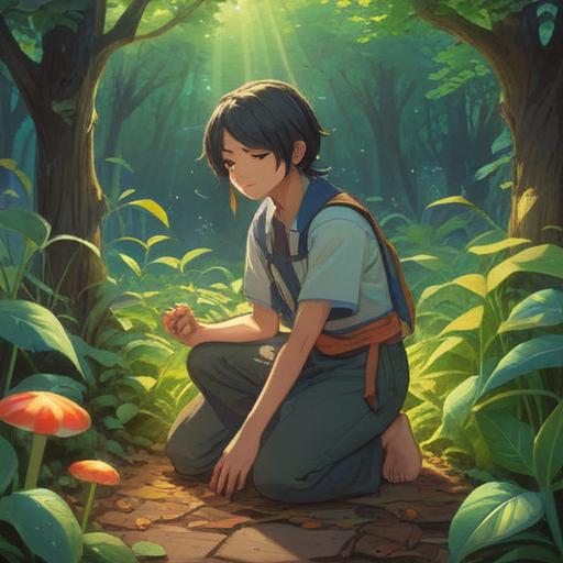 A serene garden scene, a person kneeling to remove weeds, gentle sunlight filtering through leaves, subtle spiritual symbols in the background, a sense of mindfulness and connection with nature, soft shadows, peaceful ambiance, inviting atmosphere, 4k