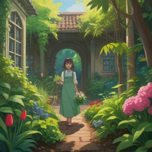 A serene scene of a person engaged in weeding a garden, bright sunlight illuminating the vibrant green plants, a sense of calm and focus, rich soil being turned up, small flowers blooming around, symbolism of prosperity and growth, tranquil ambiance, nature connectedness, mindfulness in gardening, 4k