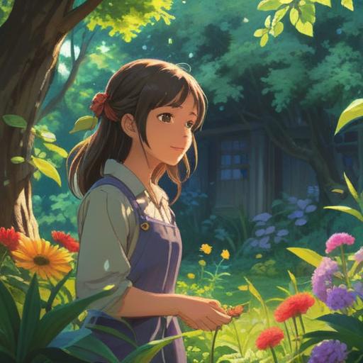 A serene garden scene, sunlight filtering through the trees, a person happily weeding flowers, a calm expression on their face, vibrant green surroundings, blooming plants, a sense of tranquility and creativity, peaceful atmosphere, harmonious colors, 4k