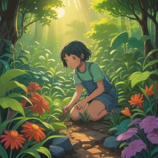 A serene outdoor scene, a person pulling weeds from a garden, symbolic connection to nature, spiritual cleansing, vibrant green plants, sunlight filtering through trees, peaceful expression, meditative atmosphere, harmonious interaction with the earth, colorful flowers surrounding, 4k