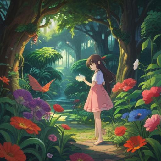 A serene garden scene, a person carefully weeding, surrounded by lush greenery, vibrant flowers, ethereal light, hints of spiritual symbols in the soil, calm and focused expression, nature's whispers heard as cautionary signs, harmonious connection with nature, inviting atmosphere, 4k