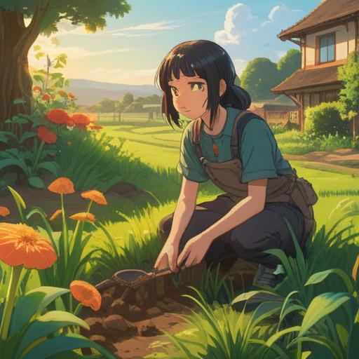 A serene garden scene, a person kneeling in freshly tilled soil, pulling out weeds, vibrant green grass, sunlight filtering through trees, nearby scattered lucky charms, colorful talismans shining, peaceful atmosphere, sense of accomplishment, nature's bounty, detailed textures, inviting warmth, 4k