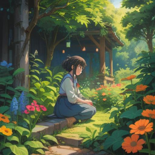 A serene garden scene, a person kneeling while weeding, surrounded by blooming flowers and lush greenery, sunlight filtering through the leaves, a sense of tranquility and mindfulness, the act of weeding symbolizing mental clarity and abundance, vibrant colors, uplifting atmosphere, nature's healing effect, 4k