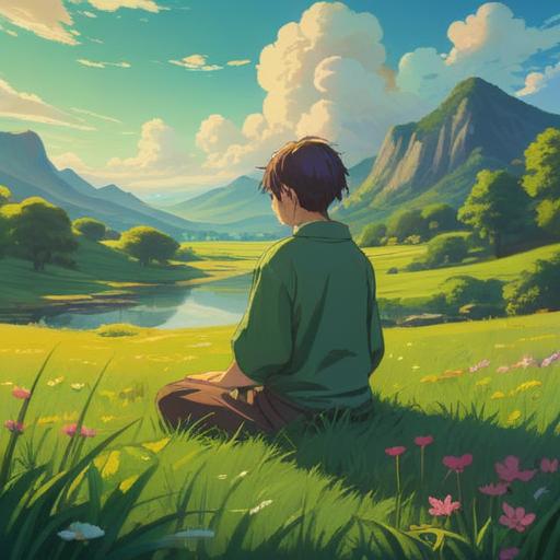 A serene landscape with lush green grass, gentle breeze, ethereal light illuminating the scene, a person meditating peacefully, surrounded by vibrant wildflowers, sunlight filtering through trees, a feeling of tranquility and spiritual enlightenment, symbols of positive energy in the air, 4k