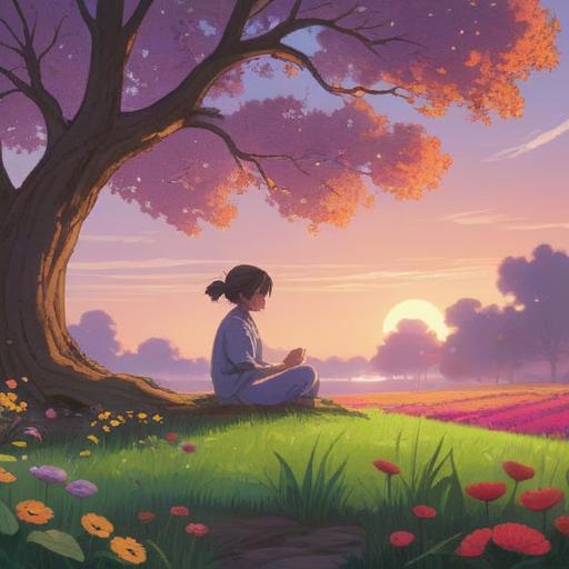 A serene landscape illustration, gentle hues, blooming flowers emitting subtle fragrances, a person meditating under a tree, expressions of tranquility and serenity, the transition from chaos to calm, abstract representations of emotions shifting through aromas, peaceful atmosphere, 4k