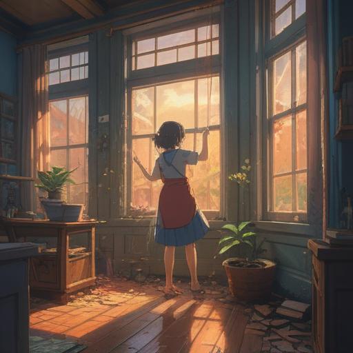 A serene and ethereal scene, a person cleaning a large window, sunlight streaming through, illuminating dust particles dancing in the air, reflection of a lush garden outside, symbols of clarity and renewal, a sense of spiritual awakening, tranquil atmosphere, detailed textures, soft colors, visual metaphor for insight and inner peace, 4k