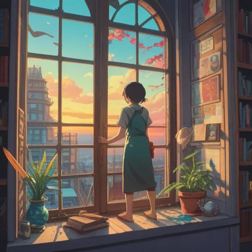 A serene and peaceful scene of someone cleaning a window, sunlight streaming through the glass, reflecting vibrant colors, an aura of positive energy, spiritual symbols subtly appearing in the background, lush greenery outside, inviting atmosphere, a feeling of clarity and renewal, harmonious composition, focus on the act of cleaning, uplifting vibes, tranquility, 4k