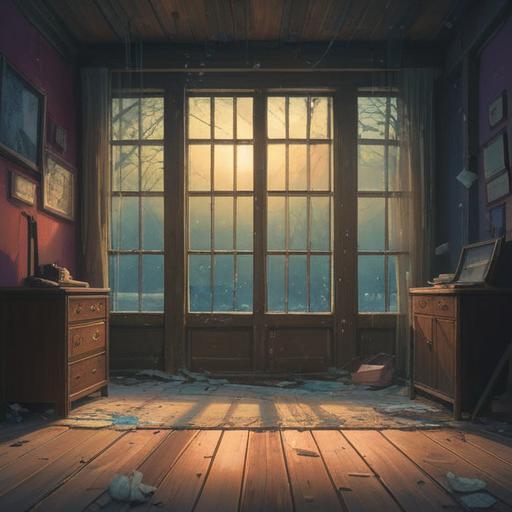 A mystical scene of a dusty window, ethereal light filtering through grime, faint ghostly figures appearing in the reflection, swirling dust particles illuminated by sunlight, hints of nature outside contrasting with the neglected interior, spiritual aura surrounding the window, atmospheric and contemplative mood, 4k