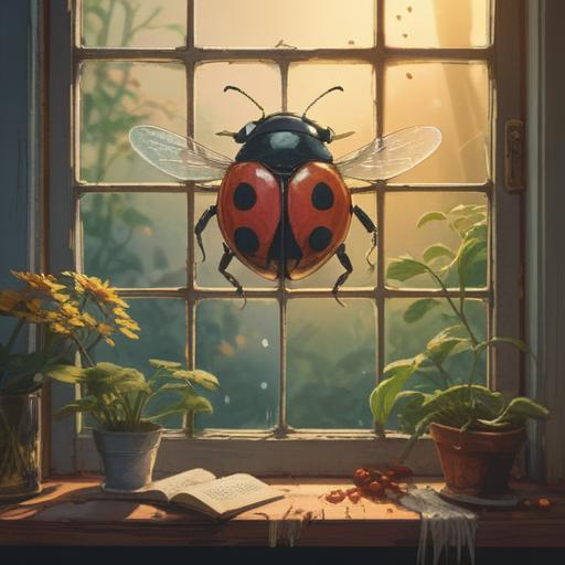 A spiritual scene of a ladybug landing on a window, symbolizing good luck and positive energy, sunlight streaming through the glass, gentle reflection, vibrant colors of the ladybug, peaceful indoor setting, hints of nature outside, a sense of hope and inspiration, 4k