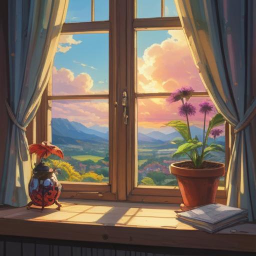 A beautiful scene of a window with sunlight streaming through, a ladybug perched on the windowsill, symbolic of transformation and good luck, lush green plants in the background, a serene and peaceful atmosphere, subtle spiritual energy surrounding the ladybug, gentle reflections of light, perfect for conveying the message of spiritual signs, 4k