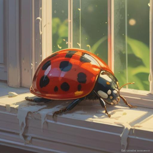 A ladybug resting on a window sill, sunlight casting gentle shadows, vibrant colors reflecting off the glass, symbolizing good luck, dreamlike atmosphere, delicate details of the ladybug's spots, serene indoor environment, 4k