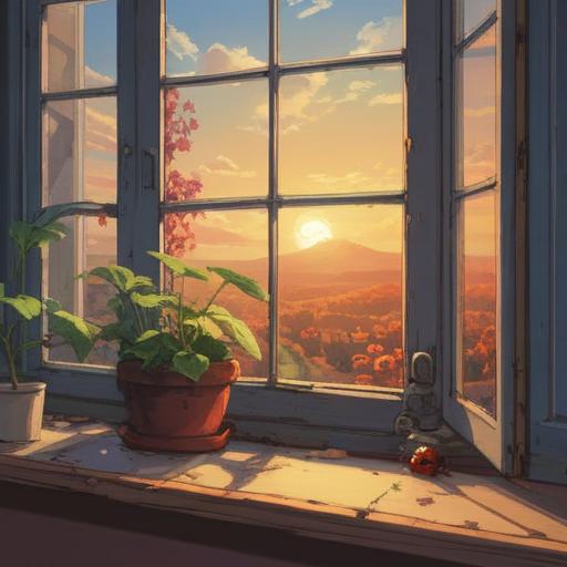 A captivating scene featuring a ladybug perched on a windowsill, soft sunlight filtering through the glass, vibrant colors, a serene and magical atmosphere, the ladybug glowing softly, surrounded by delicate plants and flowers, conveying a sense of spiritual gift and wonder, gentle breeze rustling petals, warm and inviting ambiance, 4k
