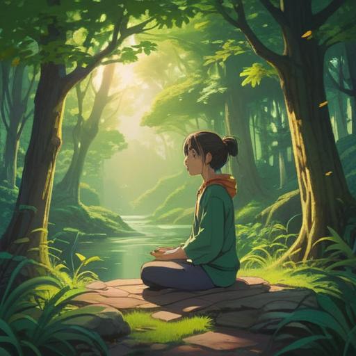 A serene and calming scene of a person meditating in a tranquil nature setting, soft sunlight filtering through the trees, lush green landscape, gentle breeze, focused expression, harmony with nature, peaceful surroundings, reflection and mindfulness, 4k