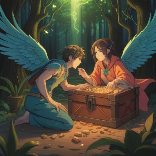 A symbolic illustration of a spiritual inheritance dispute, ethereal light surrounding the figures, two individuals arguing over a glowing treasure chest, ancestral spirits watching over them, a backdrop of a tranquil landscape, representing the emotional turmoil and connection to heritage, rich symbolism, 4k