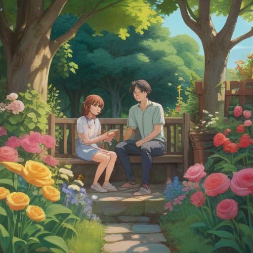 A serene and introspective scene depicting a family gathered in a peaceful garden, surrounded by blooming flowers and gentle sunlight, expressions of understanding and connection on their faces, a symbolic tree representing family heritage in the background, subtle hints of spiritual growth and harmony, the atmosphere filled with a sense of resolution and positive energy, inviting a reflective and hopeful mood, 4k