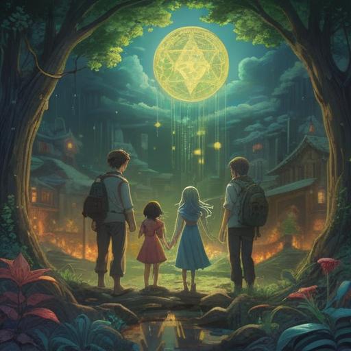 A mystical scene depicting a spiritual struggle over inheritance, ethereal symbols of conflict and resolution, a family divided by greed and wisdom, subtle energy around the characters, haunting shadows and light representing choices, vibrant auras signaling important warnings, a serene yet tense atmosphere, 4k