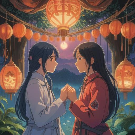 A serene illustration depicting two individuals sharing a moment of connection, ethereal light surrounding them, symbols of harmony and understanding in the background, soft glowing energy emanating from their hearts, peaceful expressions, spiritual energy flow between them, nature-inspired elements, tranquil ambiance, 4k