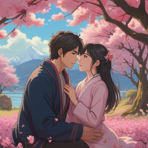 A serene scene depicting a couple sharing a moment under a cherry blossom tree, soft pink petals falling around them, their hands touching gently, warm smiles on their faces, a sense of mutual understanding and connection, golden sunlight filtering through the blossoms, tranquil park setting, harmonious atmosphere, 4k
