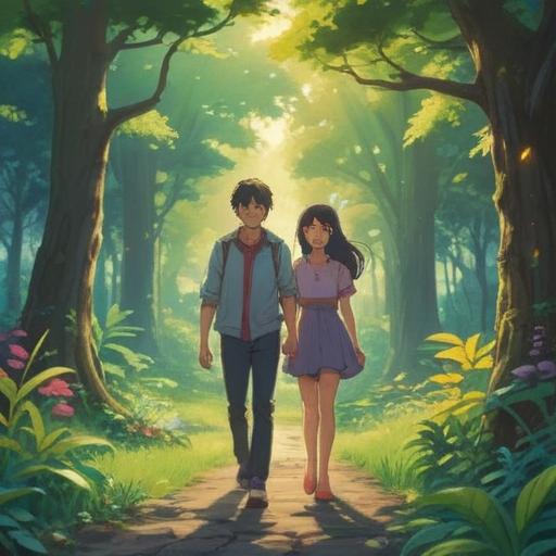 A serene scene depicting friends sharing a moment, genuine smiles, heartfelt conversation, nature setting with lush greenery, sunlight filtering through trees, warmth of companionship, meaningful gestures, connection through shared experiences, tranquil atmosphere, 4k