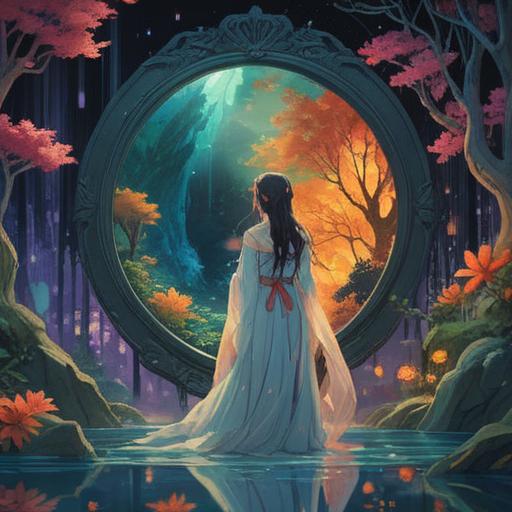 A mystical scene depicting the spiritual meaning of a mirror, ethereal reflection, an otherworldly figure gazing into a shimmering surface, vibrant aura emanating from the mirror, soft light filtering through a forest setting, symbols of self-discovery and introspection, tranquil atmosphere, colorful and surreal elements, 4k