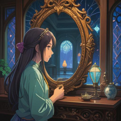 A serene and reflective scene featuring a person gazing into a beautiful ornate mirror, ethereal light emanating from the mirror's surface, symbols of positivity and spiritual guidance surrounding the reflection, lush greenery in the background, tranquil ambiance, soft pastel hues, harmonious energy, 4k