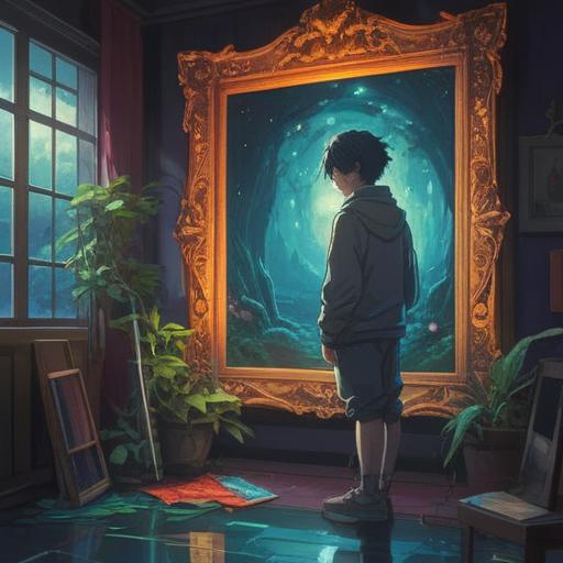 A mystical, introspective scene, a person gazing into a mirror, surrounded by ethereal light, reflections symbolizing self-discovery, subtle signs of spirituality, sacred geometry in the background, gentle aura, tranquil expression, deep personal insight, 4k