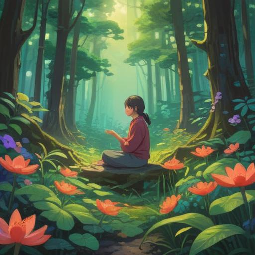 A serene and tranquil scene depicting a person meditating in a lush forest, gentle sunlight filtering through the leaves, surrounded by colorful flowers and soothing natural elements, a sense of peace and acceptance emanating from the individual, soft flowing water nearby, harmonious atmosphere, reflective and calming environment, focus on emotional healing, 4k