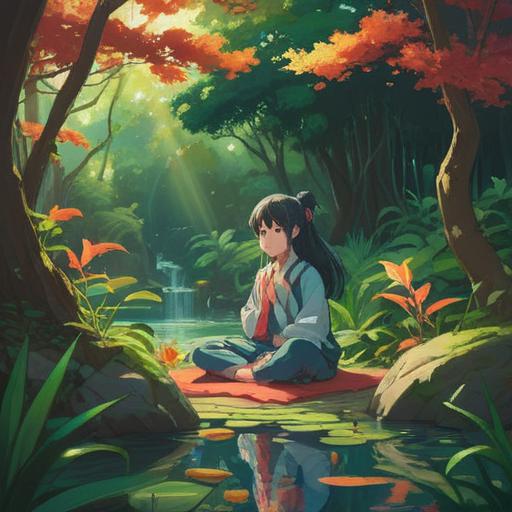 A serene landscape depicting a tranquil moment of reflection, a figure meditating in a lush garden, soft light filtering through leaves, vibrant flowers symbolizing joy, ethereal atmosphere, gentle breeze suggesting positive energy, spiritual connection with nature, harmonious balance, 4k